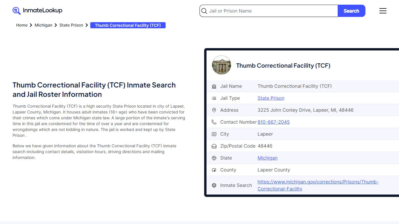 Thumb Correctional Facility (TCF) Inmate Search, Jail Roster, Bookings ...