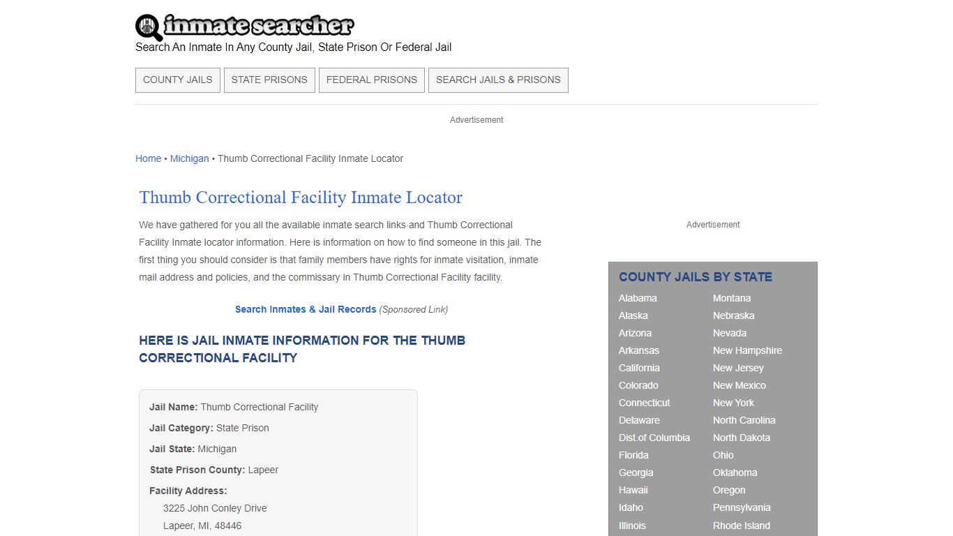 Thumb Correctional Facility Inmate Locator - Inmate Searcher